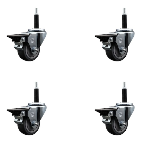 Service Caster 3'' Thermoplastic Rubber Swivel 3/4'' Expanding Stem Caster Set with Brake, 4PK SCC-EX20S314-TPRB-PLB-34-4